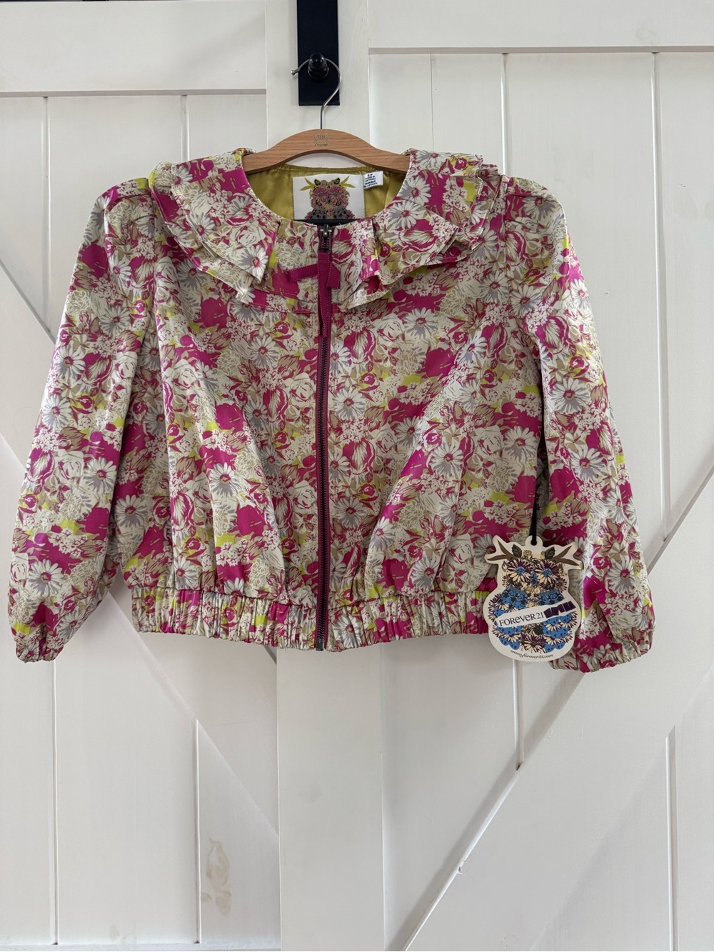 Forever 21 Twist Y2K Romantic Floral Ruffled Cropped Bomber Jacket